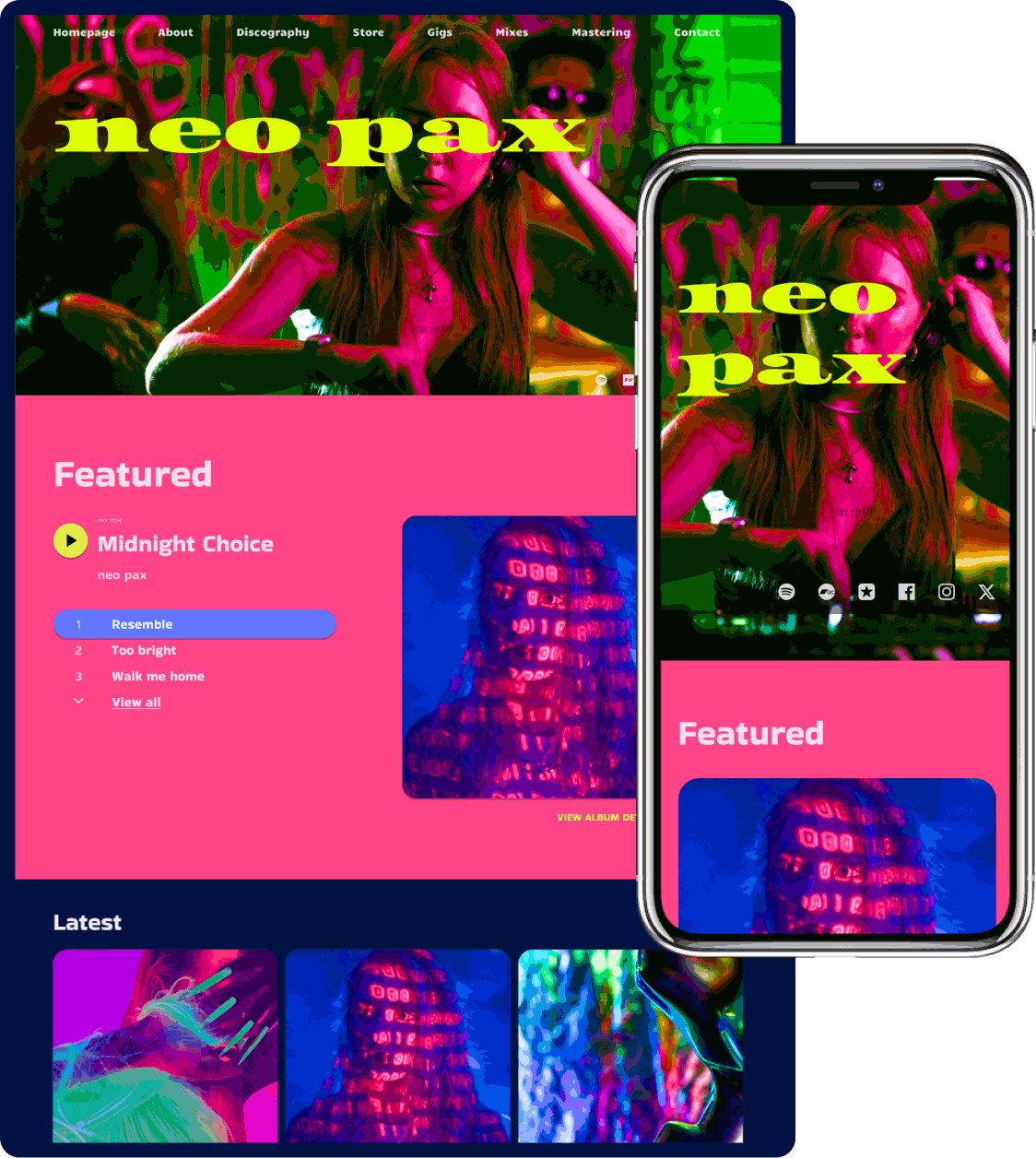 Noiseyard website builder for musicians, hero: Overview of Noiseyard musician websites.