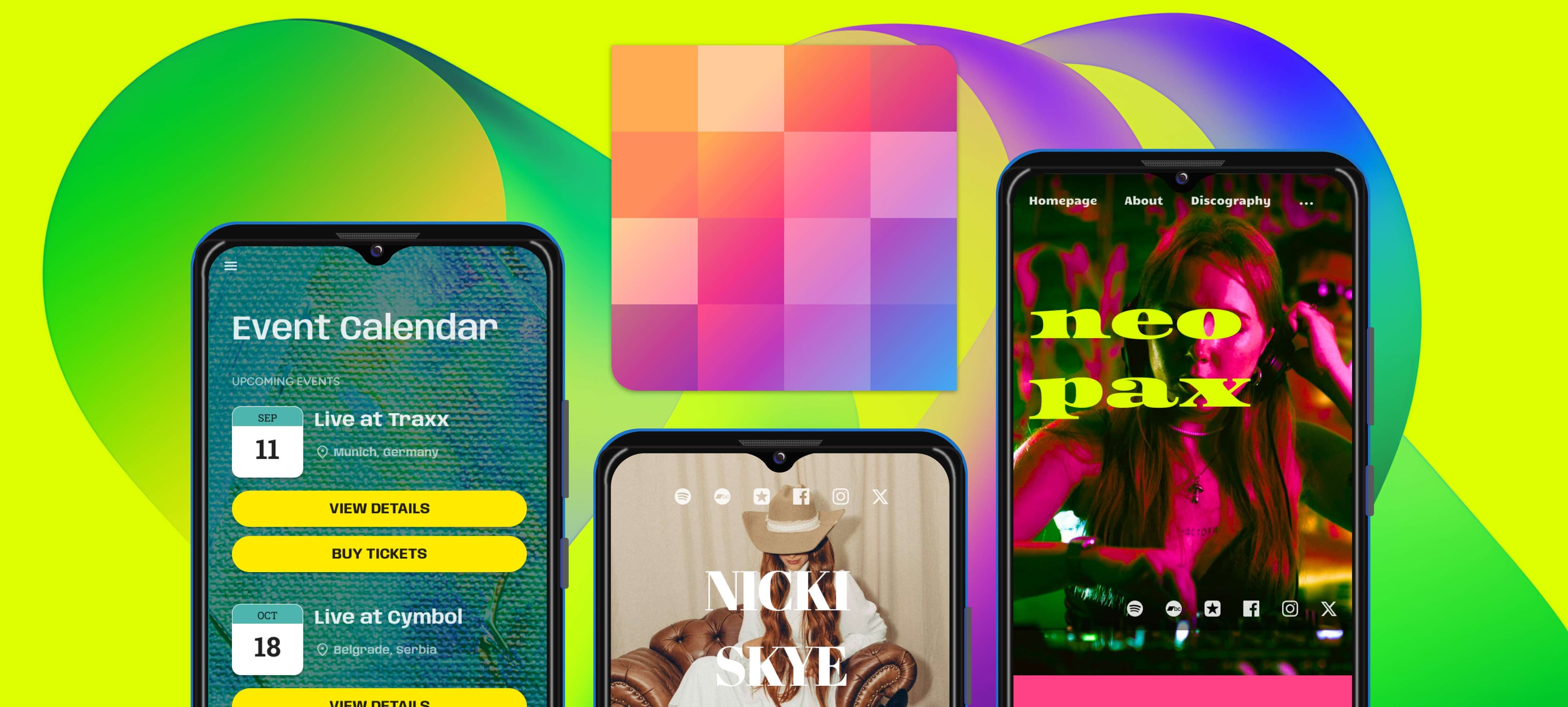 Noiseyard website builder for musicians, blog post: neopax is a mobile app with a colorful background